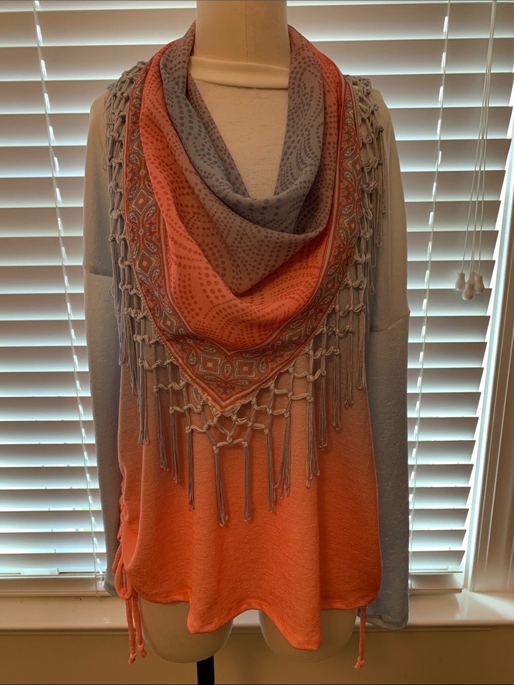 Oneworld Women’s Coral and Light Gray Sweater with Detachable Scarf